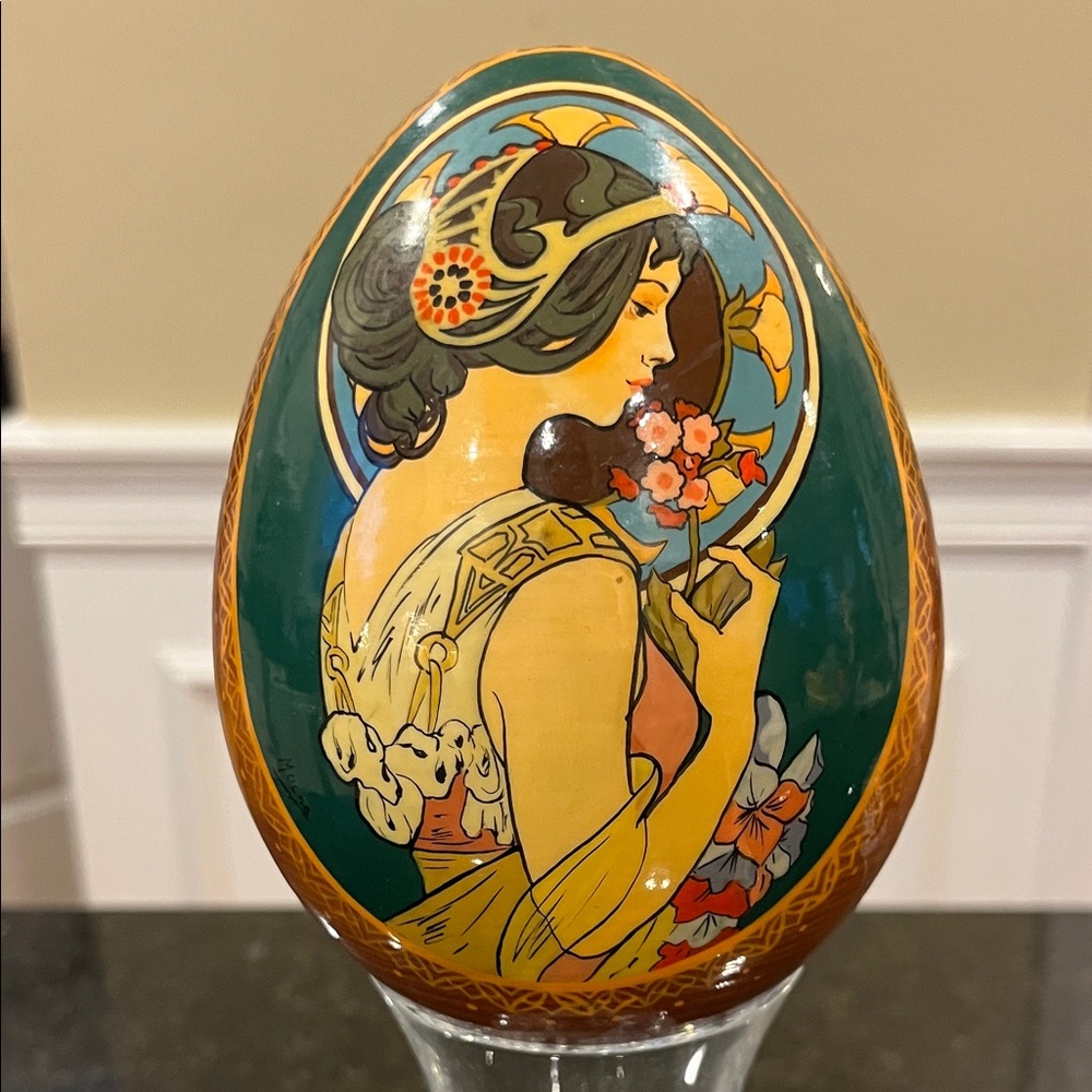 Wooden Egg with Mucha Print